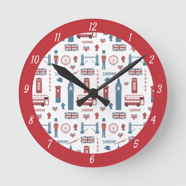 London Icons, Big Ben, England Flag, Double Decker Runde Wanduhr (Vorderseite)