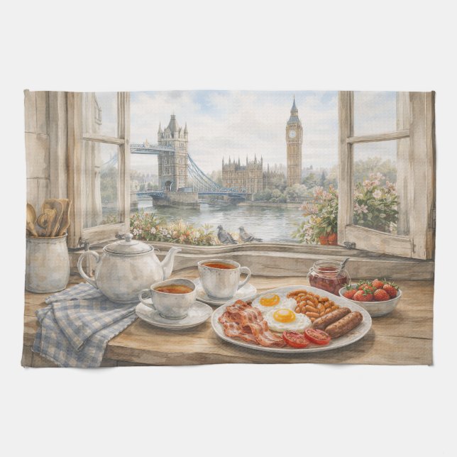 London-Küche Aquarell mit Tower Bridge Geschirrtuch (Horizontal)