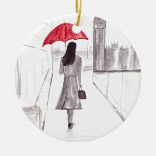 London Mädchen mit rotem Schirm Keramikornament