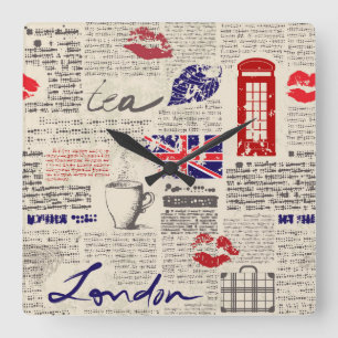 London Newspaper Pattern Quadratische Wanduhr