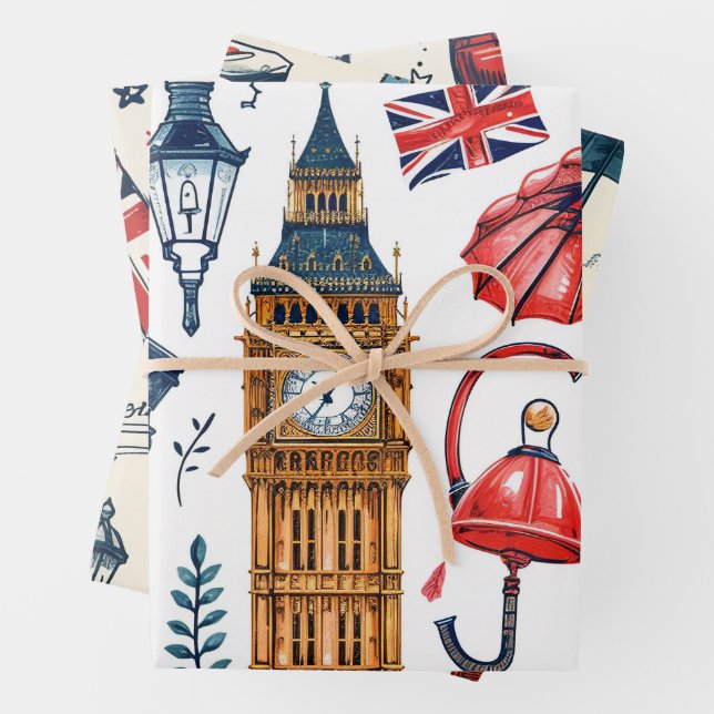 London Pattern Big Ben London Bus Union Jack Flag Geschenkpapier Set (Beispiel)