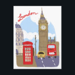 London Scene Postkarte<br><div class="desc">Illustration von London mit einer klassischen roten Telefonkabine oder Box,  einem Doppeldecker-Bus und Big Ben,  dem Spitznamen für die Große Glocke der Uhr am Nordende des Palastes von Westminster. Künstler: Giovana Medeiros</div>