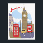 London Scene Postkarte<br><div class="desc">Illustration von London mit einer klassischen roten Telefonkabine oder Box,  einem Doppeldecker-Bus und Big Ben,  dem Spitznamen für die Große Glocke der Uhr am Nordende des Palastes von Westminster. Künstler: Giovana Medeiros</div>