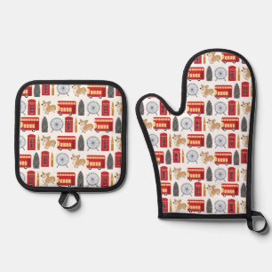 London Sehenswürdigkeiten Icon Pattern Ofenhandschuh & Topflappen-Set