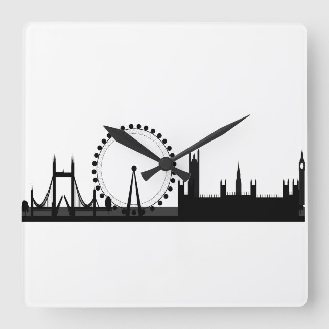 London-Skyline-Bildschwarz-u. Weiß-London-Uhr Quadratische Wanduhr (Vorderseite)