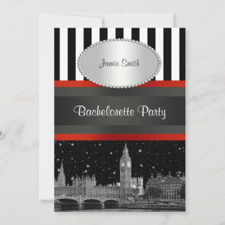 London Skyline BW Blk Wht Stripe Red Bachelorette Einladung