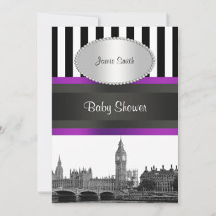 London Skyline BW Blk Wht Strp Lila Baby Shower Einladung