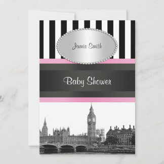 London Skyline BW Blk Wht Strp Pink Baby Shower Einladung