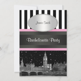 London Skyline BW Blk Wht Strp Pink Bachelorette Einladung