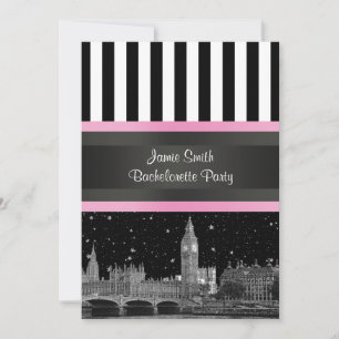 London Skyline BW Blk Wht Strp Pink Bachelorette Einladung