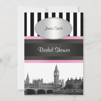 London Skyline BW Blk Wht Strp Pink Bridal Shwr Einladung