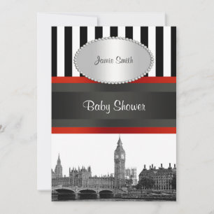 London Skyline BW Blk Wht Strp Red Baby Shower Einladung