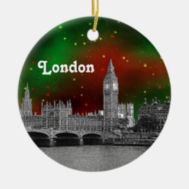 London Skyline Etched, Green Red Starry Sky Xmas Keramik Ornament