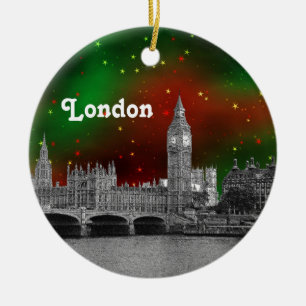 London Skyline Etched, Green Red Starry Sky Xmas Keramik Ornament