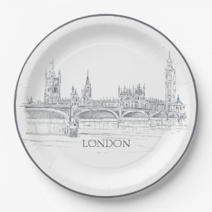 London Skyline mit Big Ben Blue Ink Sketch Pappteller
