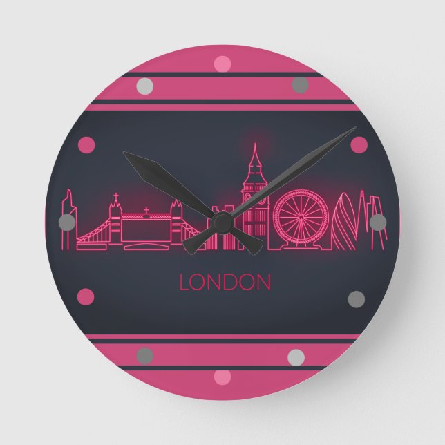 London Skyline Pink Neon Look City Wall Runde Wanduhr (Vorderseite)