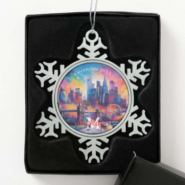 London Skyline Snowflake Pewter Weihnachtsschmuck Schneeflocken Zinn-Ornament (Box)