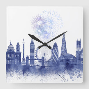 London Skyline - Watercolor Blue Quadratische Wanduhr