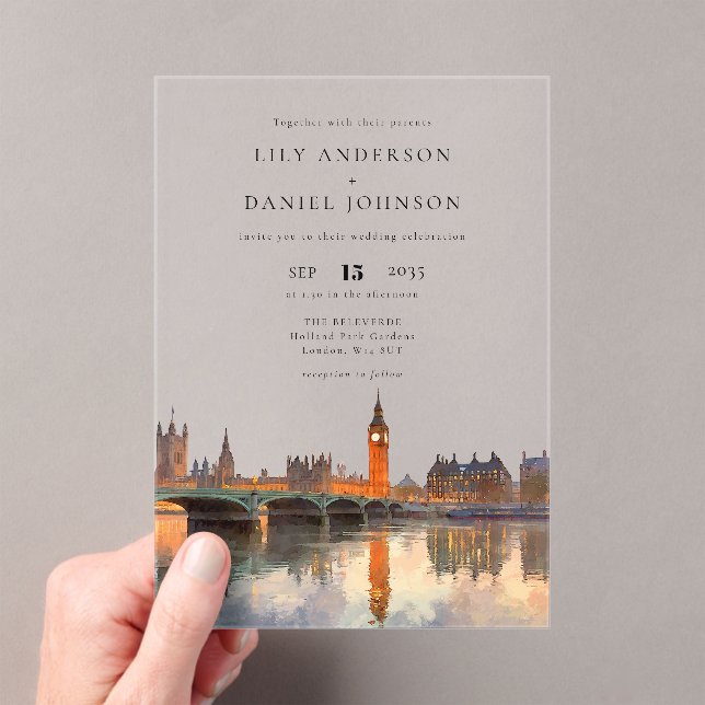 London Skyline Watercolor Destination Wedding Acryleinladungen (Insitu (Handheld))