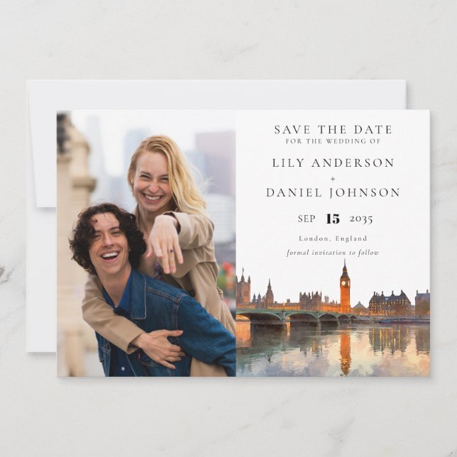 London Skyline Watercolor Photo Wedding Save The Date (Vorderseite)