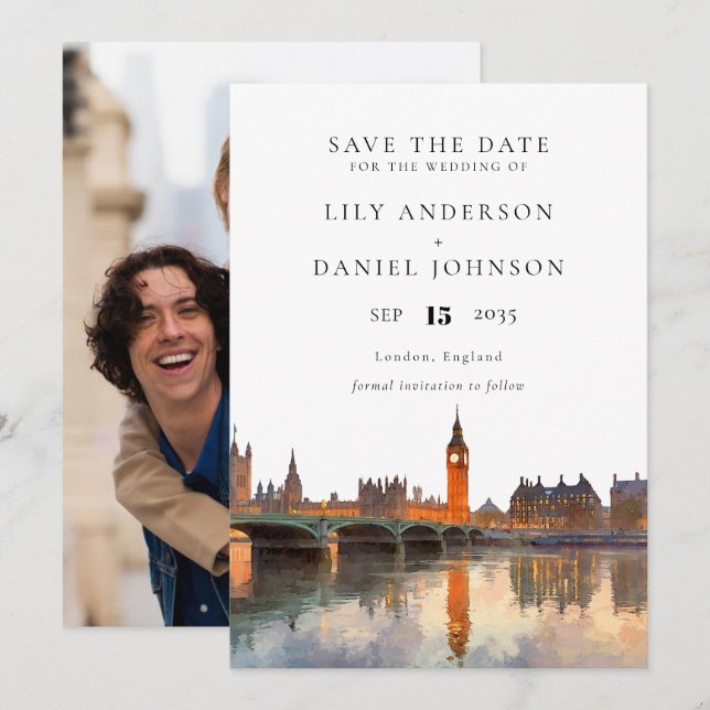 London Skyline Watercolor Photo Wedding Save The Date (Vorne/Hinten)