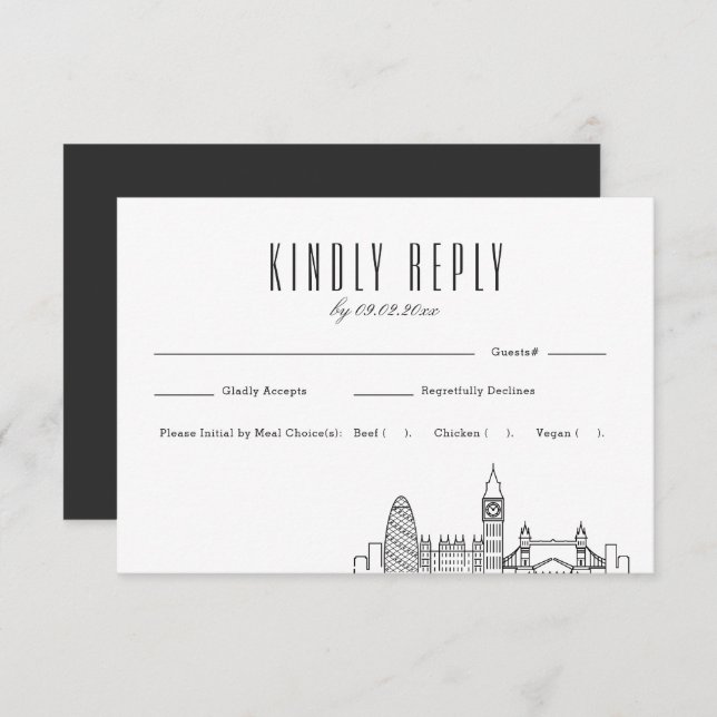 London Skyline Wedding RSVP mit Essensauswahl (Vorne/Hinten)