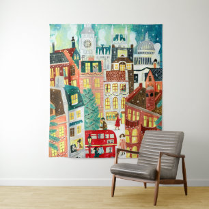 London Stadt im Schnee Weihnachtsillustration Wandteppich