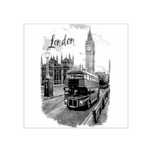 London-Stadtbild mit Doppeldeckerbus & Big Ben Gummistempel
