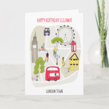London Stilvolle Karte Cartoon Happy Birthday Name