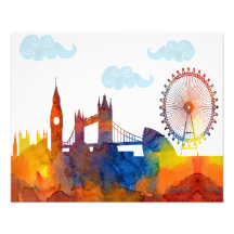 London Sunset Watercolor Abstrakt Skyline Print