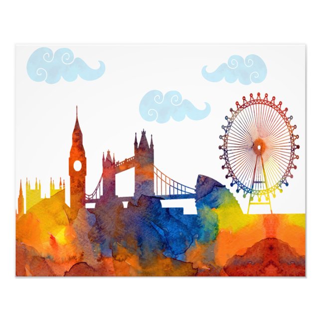 London Sunset Watercolor Abstrakt Skyline Print Fotodruck (Vorne)