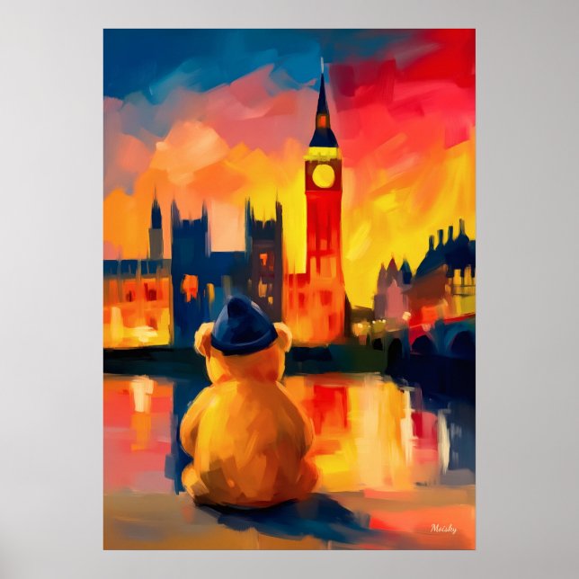 London Teddy Beanie Sunset Thames Reflection Poster (Vorne)
