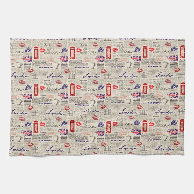 London Themed Seamless Pattern mit Telefonkabinen Küchentuch (Horizontal)