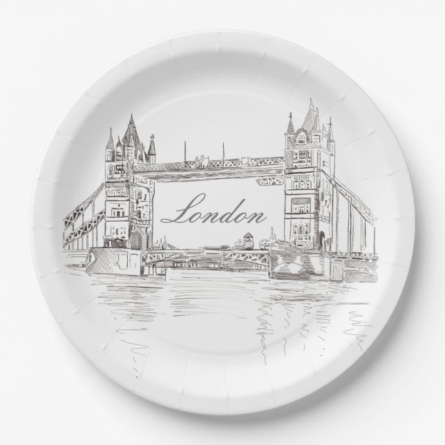 London Tower Bridge Black and White Ink Zeichnend Pappteller (Vorderseite)