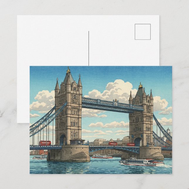 London Tower Bridge Japanese Woodblock Print Postkarte (Vorne/Hinten)
