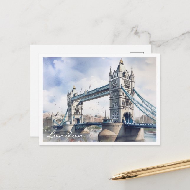 London Tower Bridge Travel Watercolor Postcard Postkarte (Vorderseite/Rückseite Beispiel)