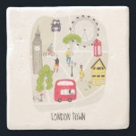 London Town Styliated Map Cartoon Sehenswürdigkeit Steinuntersetzer<br><div class="desc">Eine stilisierte Illustrationskarte von London Town mit Sehenswürdigkeiten,  Bus,  Taxi und Buchstaben.</div>