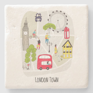 London Town Styliated Map Cartoon Sehenswürdigkeit Steinuntersetzer