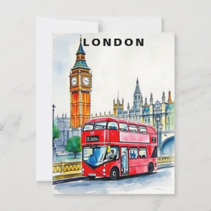 London UK Bus Reise Aquarell  Postkarte