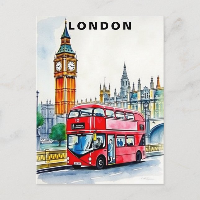 London UK Bus Travel Watercolor  Postkarte (Vorderseite)