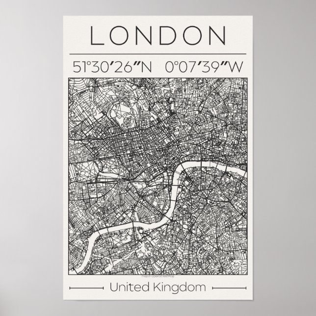 London UK Charcoal City Map Poster Minimal Wall (Vorne)