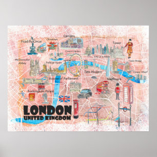 London UK Illustriert Karte mit Sehenswürdigkeiten Poster