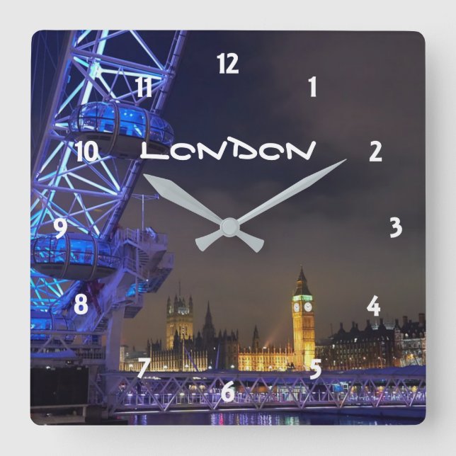 London UK Night City London Eye View Quadratische Wanduhr (Vorderseite)