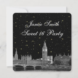 London UK Skyline Etched Starry DIY BG Sweet 16 Einladung