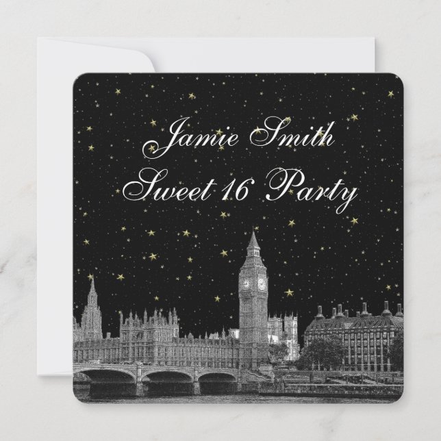 London UK Skyline Etched Starry DIY BG Sweet 16 Einladung (Vorderseite)
