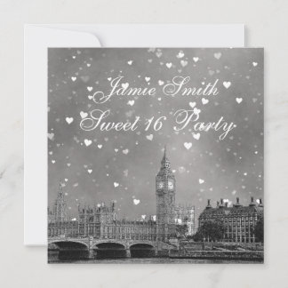 London UK Skyline Gray White Heart Sweet 16 Einladung