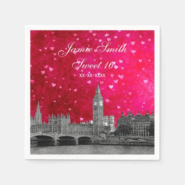 London UK Skyline Hot Pink Red Heart Sweet 16 Serviette (Vorderseite)