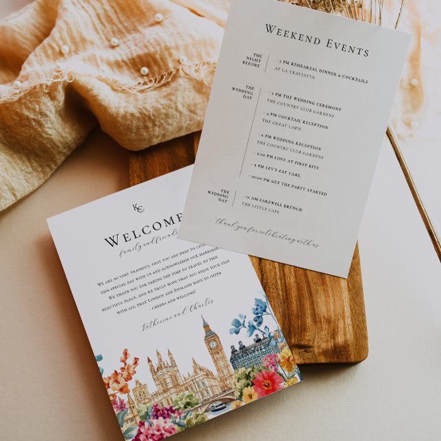 London Watercolor Floral Wedding Welcome Itinerary Menükarte (Von Creator hochgeladen)