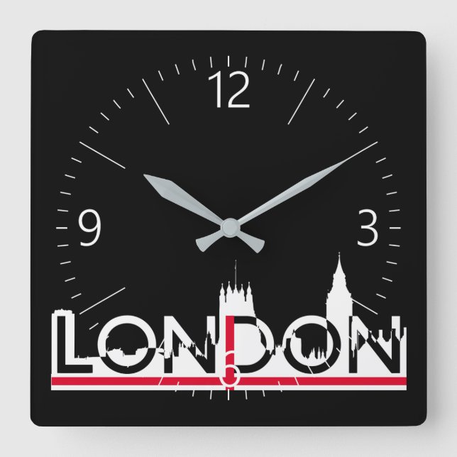 Londoner Silhouette und englische Flagge Quadratische Wanduhr (Vorderseite)
