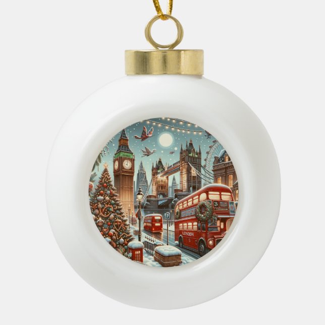 London's Festive Splendor - Vibrant Christmas Car Keramik Kugel-Ornament (Vorderseite)